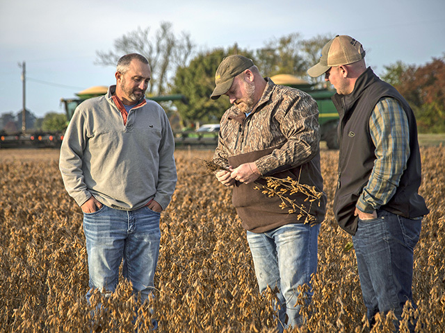 Brent Lassiter, left,  from Newport, Ak., consults on all crops across Arkansas including cotton, rice, corn and soybeans. Brent used to farm about 3,000 acres in Arkansas but now runs his own consulting company. He works with Virgil "Dooby" Moore, right, his Innovation Specialist. Brent and Dooby, look over a field with farmer/client Greg King, Image by Lisa Buser